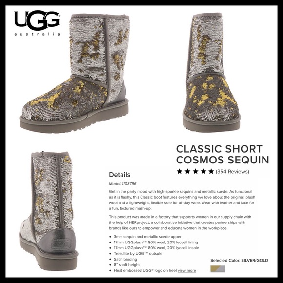 UGG Classic Short Cosmo Sequin Silver & Gold Boots - Picture 8 of 13